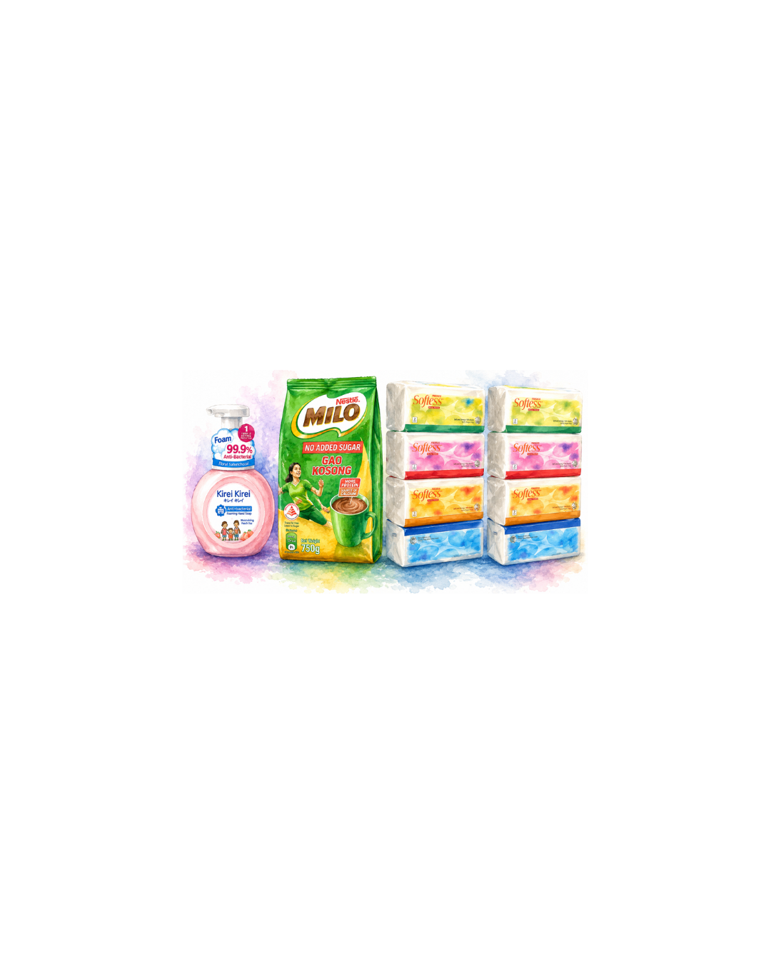 Milo Gao Kosong (1 Pack, 750G), Antibacterial Hand Soap (1 Bottle, Assorted) & Facial Tissue (8 Packs, 3 Ply)